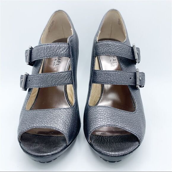 Michael Kors‎ Webster Peep Toe Platform Metallic Pewter Pebbled Leather - Picture 3 of 12